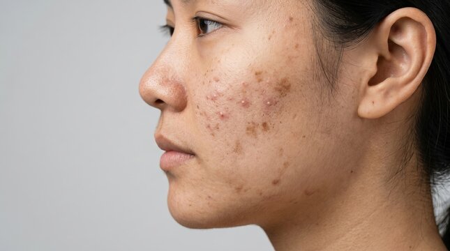 Side profile of an Asian woman face showing severe acne vulgaris breakouts inflammation and dark hyperpigmentation spots