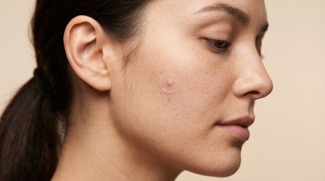 Side view of young Caucasian woman with a clear hydrocolloid pimple patch applied on her cheek for acne treatment