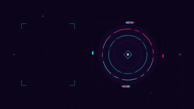 Futuristic HUD interface animation with neon circular scanning elements on a dark grid background for sci-fi technology and gaming UI.