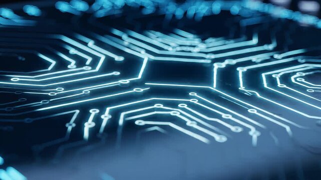 Abstract blue circuit board pattern with glowing pathways and interconnected nodes