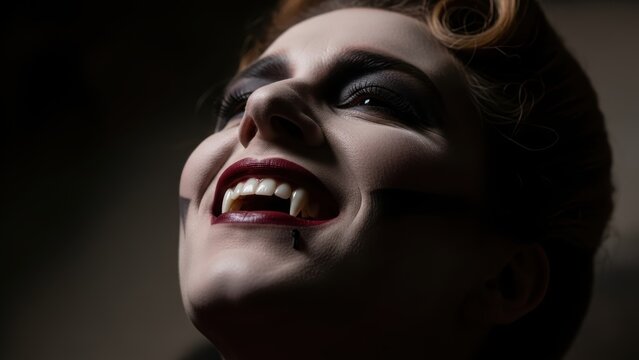 A smiling female vampire with fangs showing.