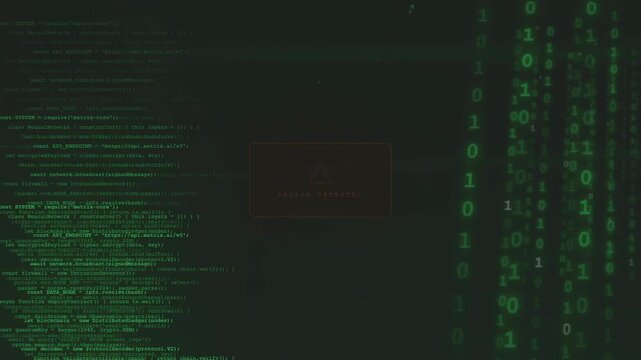 Digital Security Interface with Red Warning Alert and Scrolling Green Computer Code Background