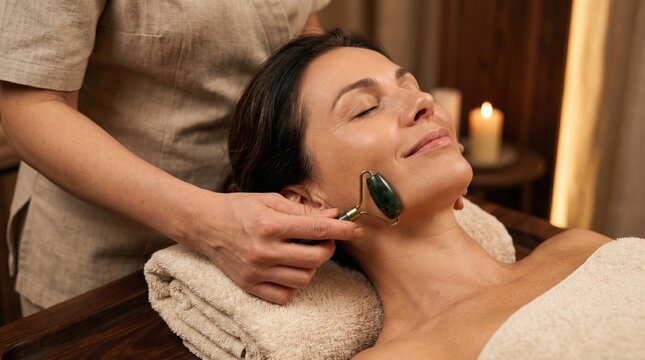 Beautiful middle aged woman receiving facial massage with a green jade roller in a relaxing spa salon