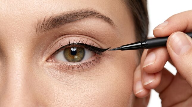 Macro shot of makeup artist hand applying black liquid eyeliner with a precise brush on a woman green eye