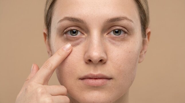 Close up front view of woman face with finger pointing at dark under eye circles and hyperpigmentation bag
