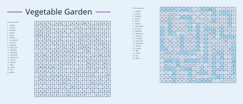 Word search puzzle featuring vegetable names in a garden theme with a colorful background