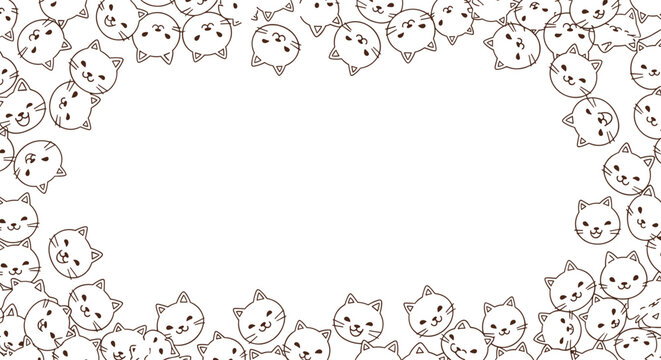 Whimsical rectangular frame border composed of numerous cute hand-drawn cat faces with different expressions on a white background.