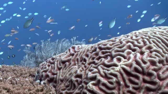 Witness the dazzling marine life thriving in Bali's clear blue waters. A kaleidoscopic school of fish gracefully swims over intricate brain coral formations under the warm sun.