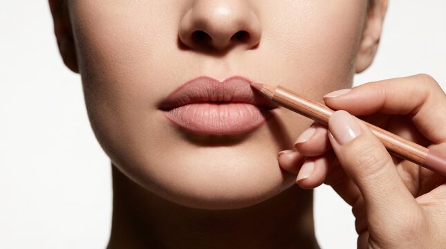 Macro shot of makeup artist hand precision tracing lips contour line with a nude pink lip liner pencil