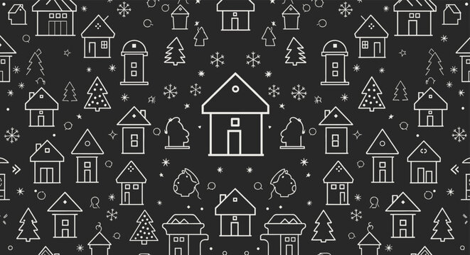 Detailed seamless pattern of white hand-drawn houses, christmas trees, and snowflakes on a black chalkboard-style background.
