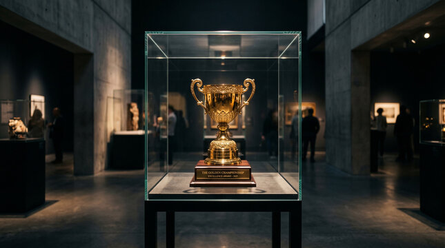 Golden trophy cup on display in a glass case at a modern art museum