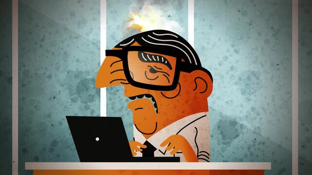 office worker with burnout and flames rising from his head while working on a computer