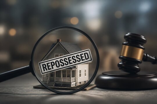 A magnifying glass over a house with "REPOSSESSED" sign next to a gavel on a dark surface.