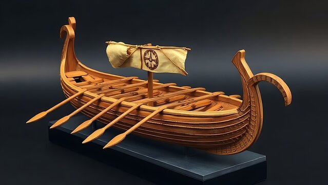 trireme. Detailed wooden model of an ancient trireme warship with rows of oars. mobility guides, transit brochures, designed for transport & logistics marketing, clarifies navigation.