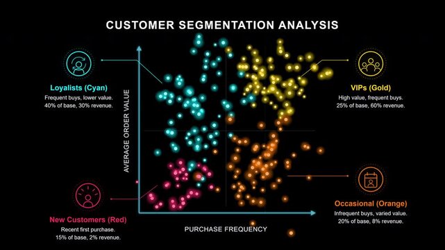 Motion graphics animation of a customer segmentation analysis scatter plot data graph on a deep black background