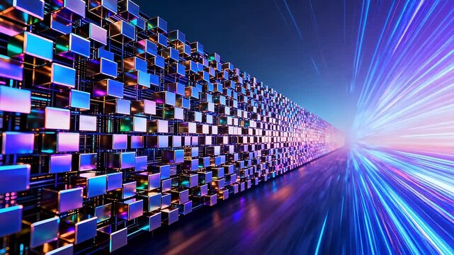 Colorful cubic blocks forming a tunnel structure extending into the distance