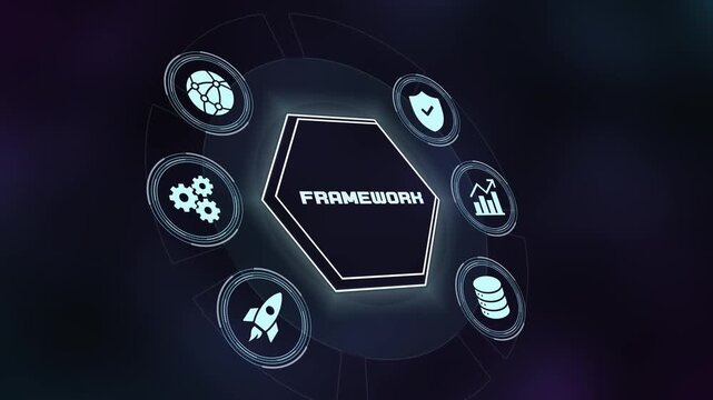 Software development framework and structural system icons on futuristic abstract HUD display.