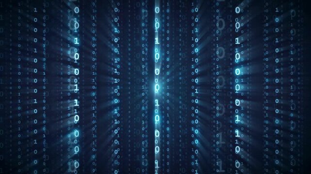 Abstract digital binary code streaming background with glowing blue data particles and light effects