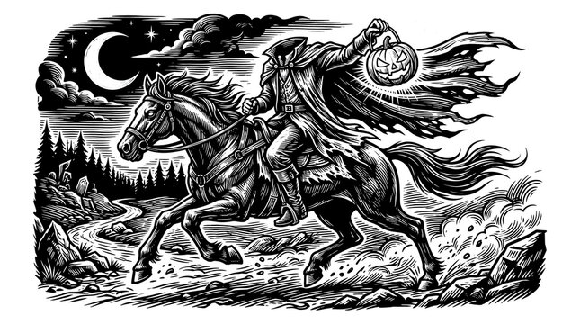 Headless horseman riding through dark forest landscape featuring spooky glowing jackolantern pumpkin night atmosphere detailed etching.