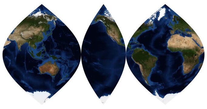 World Map in Interrupted Sinusoidal Projection. Animated longitude shift and rotation. Detailed Earth view. June View. Elements of this video furnished by NASA.