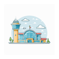 Modern Airport Terminal Building with Control Tower and Airplane