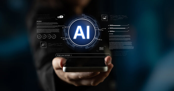 A futuristic interface for a generative AI system. A developer enters a prompt to initiate coding, data processing, and monitor the system's progress and performance. Fermion