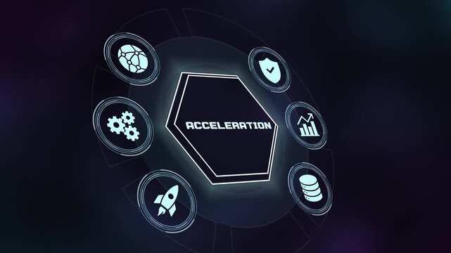 Futuristic digital interface displaying acceleration text with business technology icons for rapid business growth and rocket launch