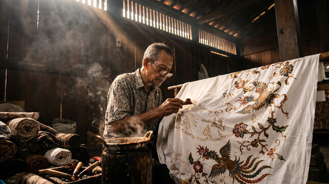 Elderly Indonesian artisan hand-painting traditional batik fabric in a sunlit wooden workshop for cultural documentaries, textile design showcases, and travel marketing materials.