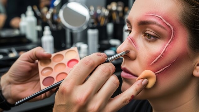 A makeup artist using a brush and sponge to create a fake scar on a woman's face.
