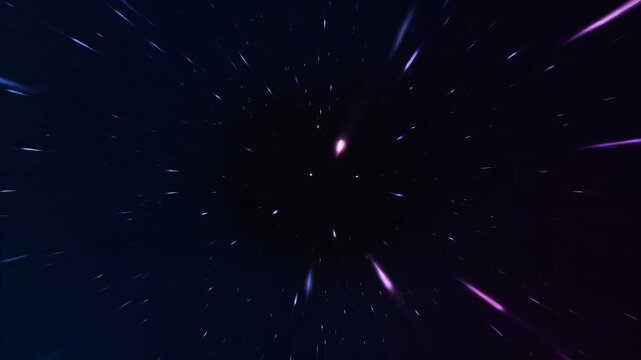 Abstract dark void with radial light streaks in deep blue and purple gradient background