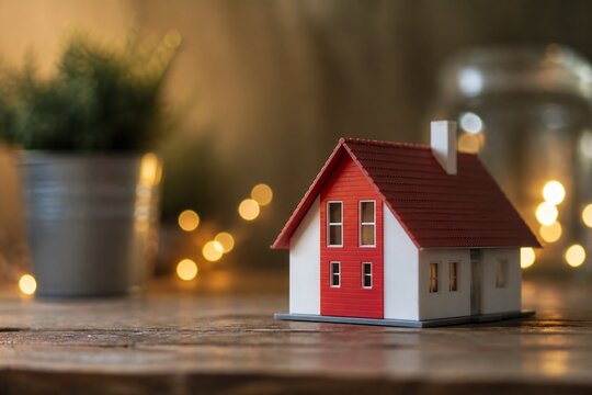 A miniature red house sits on a wooden surface with blurred background lights and greenery.