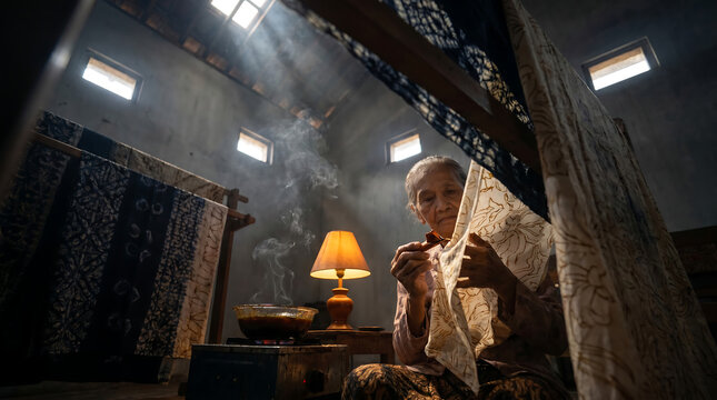 Elderly Indonesian artisan meticulously hand-painting traditional batik fabric in a sunlit heritage workshop for cultural documentaries, travel marketing, and educational resources.