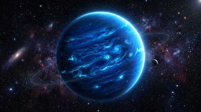 Stunning blue gas giant planet with rings and moon in deep space