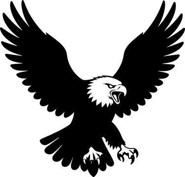 Majestic Bald Eagle Attack Silhouette Vector Illustration with Spread Wings Isolated on White Background