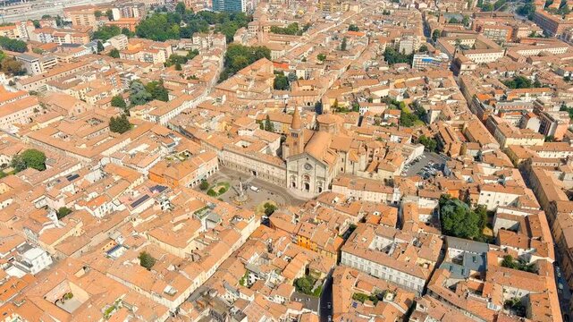 Piacenza, Italy. Cathedral of Piacenza. Episcopal Palace. Historical city center. Summer day. Drone footage