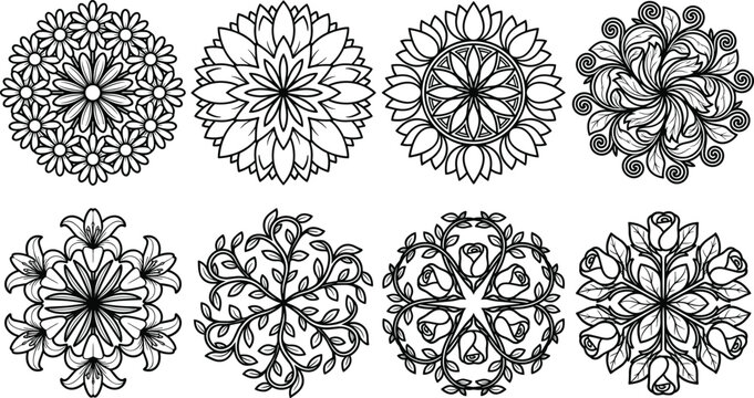 Ornate Floral Mandala Vector Set with Circular Geometric Patterns Leaves and Rose Blossoms for Adult Coloring Pages and Wedding Invitation Graphic Designs