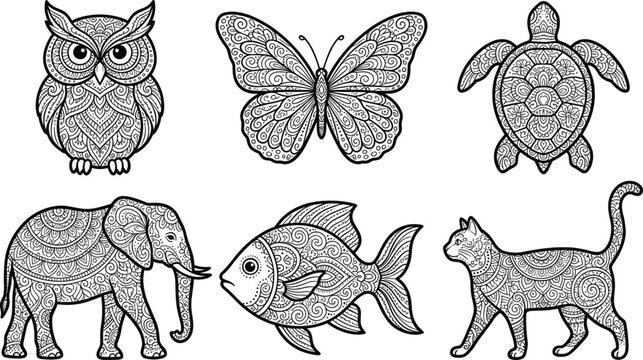 Ornate Mandala Animal Vector Set Featuring Detailed Zentangle Pattern Designs of Owl Butterfly Turtle Elephant Fish and Cat for Coloring Pages