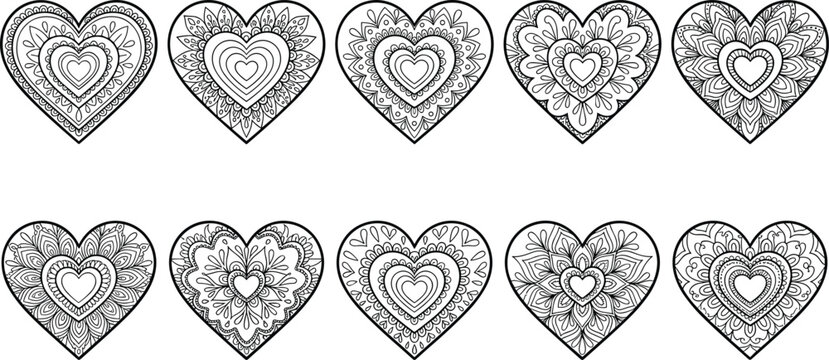 Ornate Mandala Heart Shape Vector Icon Set with Detailed Zentangle Patterns for Valentines Day Weddings and Adult Coloring Page Decorative Graphic Designs
