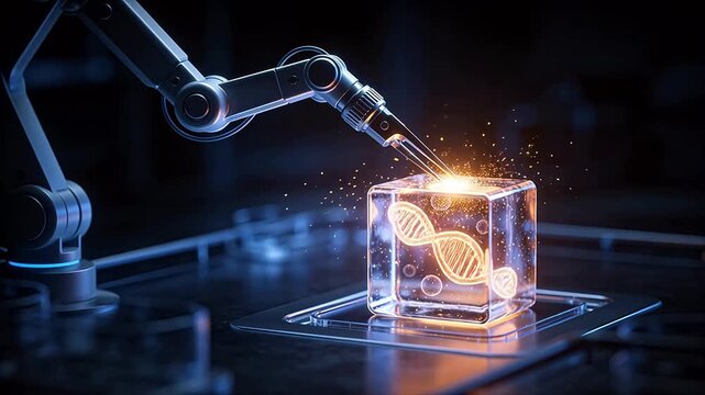 Robotic arm touching transparent cube containing glowing DNA helix on dark platform