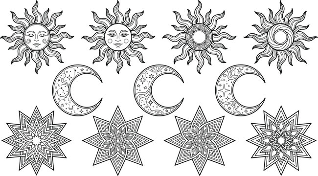 Mystical Celestial Vector Set Featuring Ornate Sun Face Moon Crescent and Star Geometric Patterns for Esoteric Tarot and Astrology Graphic Designs