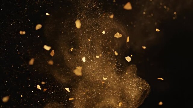 Golden particles and dust swirl in the air, creating a mesmerizing visual effect against a dark background, showcasing the dynamic flow of movement and texture