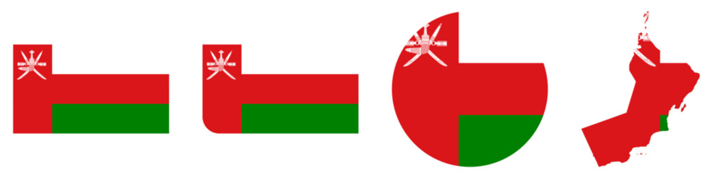 oman circular flag, oman rectangular flag, oman map flag flat icon
