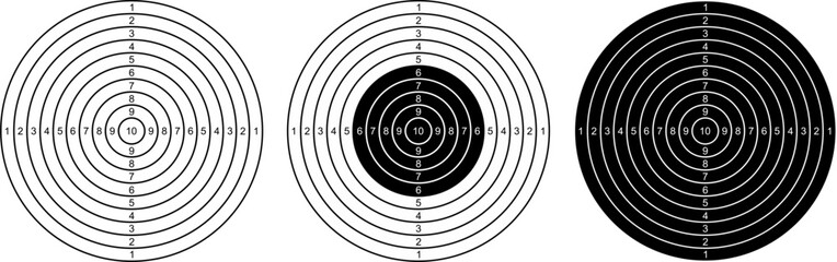 Vector shooting target board set with scoring rings and numbered circles. Ideal for archery, shooting range, dart games, competition, training, and score tracking designs. © Slamet