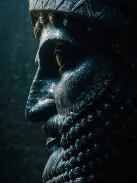 ancient mesopotamian king metallic statue profile close up view featuring detailed engraved beard and traditional crown historical bronze sculpture portrait of sumerian assyrian ruler