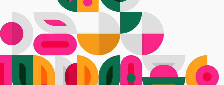 Abstract geometric shapes overlap, creating colorful pattern. Modern design utilizes pinks, greens, oranges, grays. Simple forms suggest playful composition.