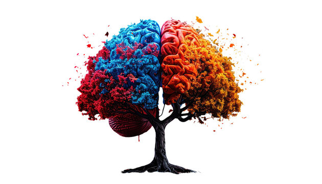 A creative illustration depicting a tree with a human brain as its canopy. Half is blue/red, the other orange/red. Black background