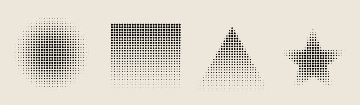 Basic geometric Shapes , square, circle, triangle, star, with halftone pattern efeect collection 