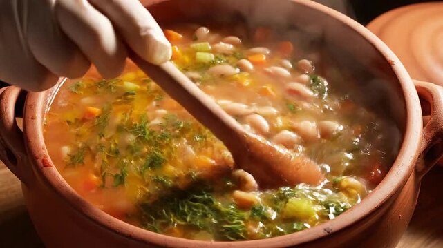 Close-Up Of A Steaming Vegetable Soup With Beans Being Stirred With A Wooden Spoon In A Rustic Pot, Fresh Ingredients Visible, Healthy Home-Cooked Meal