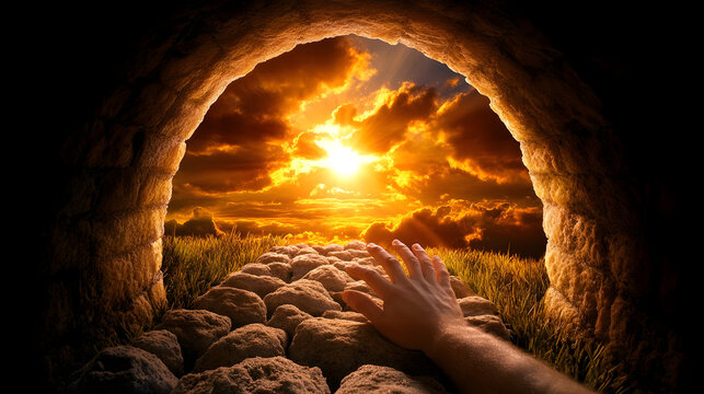 real illustration An outstretched hand reaching toward a spiritual figure resembling God, dressed in