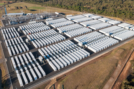 Close aerial view of the Waratah Super Battery at Colongra, NSW, Australia. Completed in 2025, the battery energy storage system has an energy output of up to 850MWh.